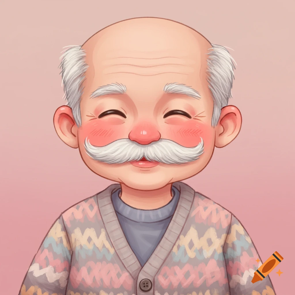 Cute cartoon portrait of a smiling old man with a mustache wearing a patterned cardigan.