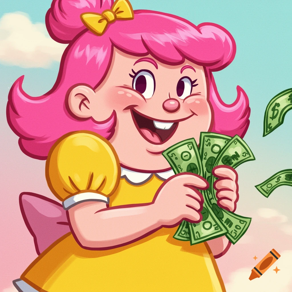 Cartoon girl with pink hair and yellow dress holding a wad of cash, looking happy.