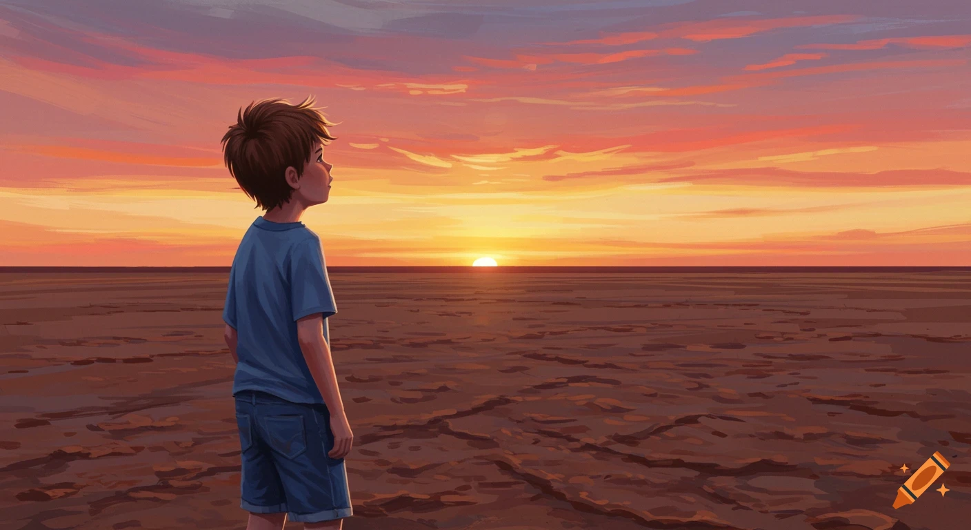 A boy watching a vibrant sunset over a vast, flat plain.