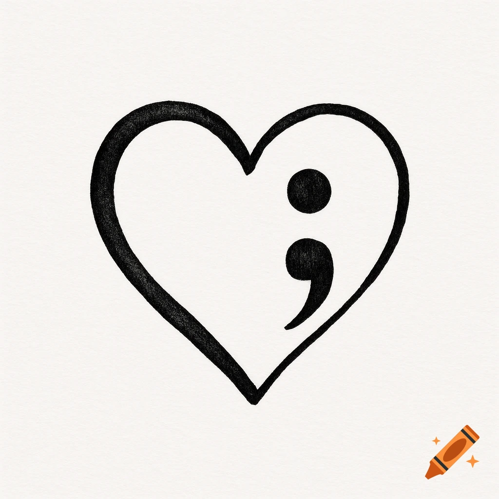 A black heart outline with a semicolon inside on a white background.