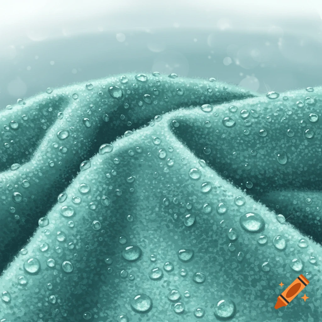 Close-up of water droplets on teal fabric texture