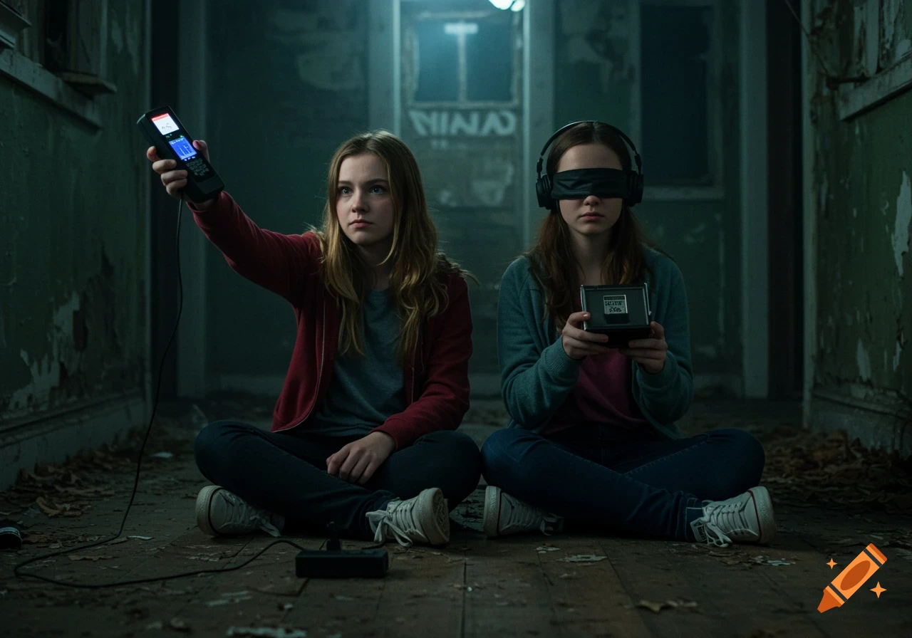 Two girls investigate with a spirit box and EMF reader in a dark, abandoned building.