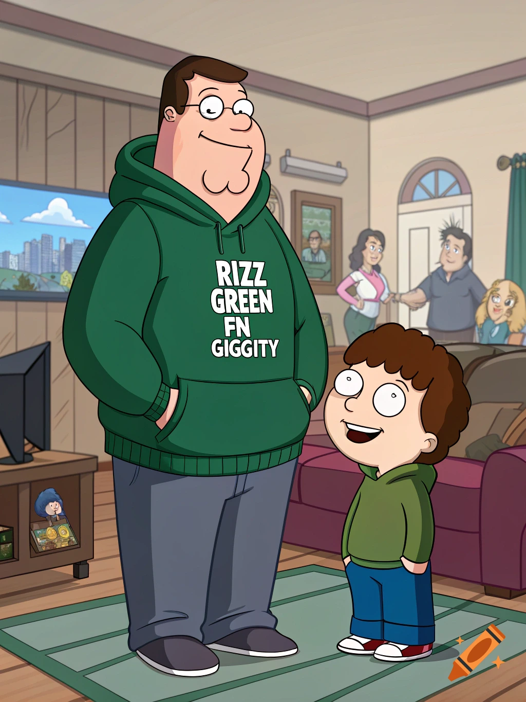 A cartoon image of Peter Griffin from Family Guy wearing a green hoodie with text, standing next to a child in a living room.