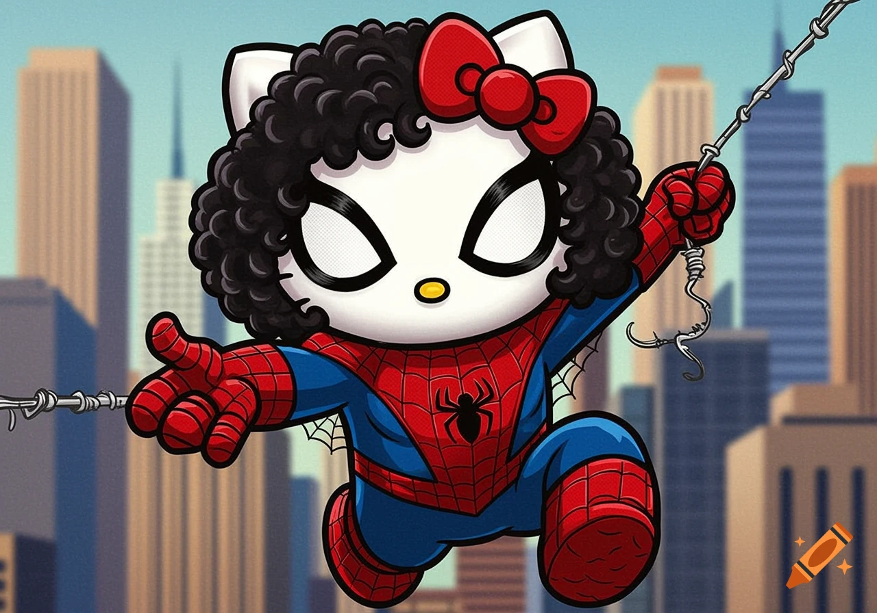 Hello Kitty dressed as Spider-Man swings on a web through a city in a vibrant comic book style.