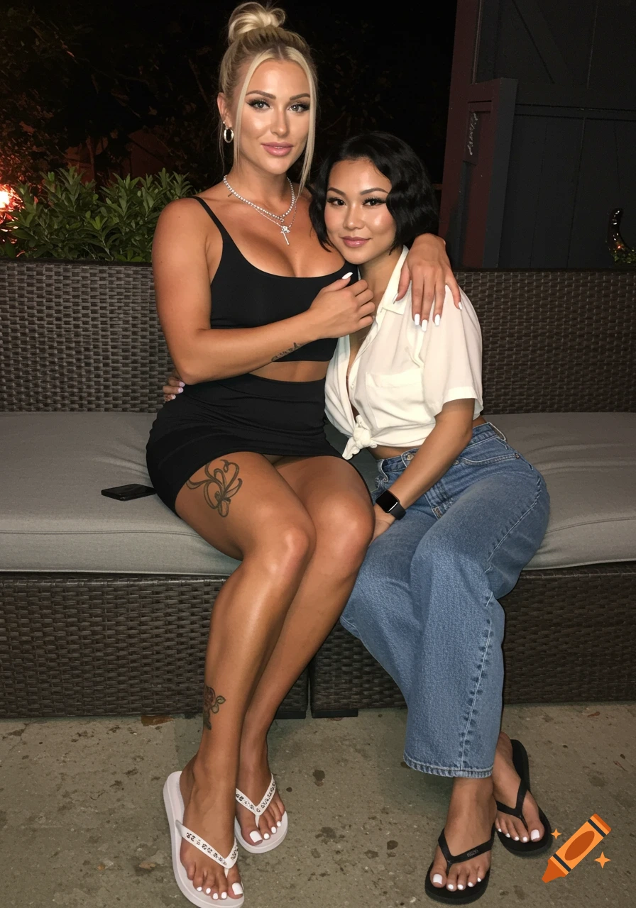Two women sit closely on an outdoor couch at night. One wears a black dress, the other a white shirt and jeans.