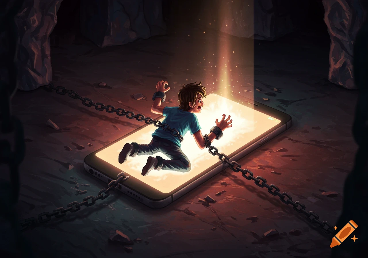 A person chained to a glowing smartphone in a dark cave.