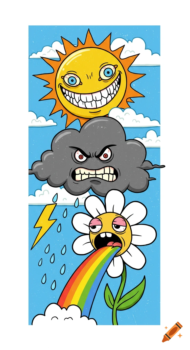 Cartoon stack of a grinning sun, angry cloud, and a flower vomiting a rainbow