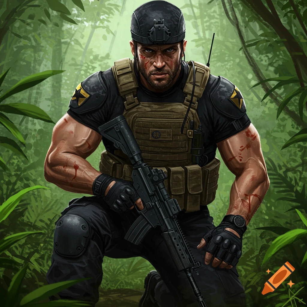 A soldier in tactical gear is shown kneeling in a dense jungle environment.