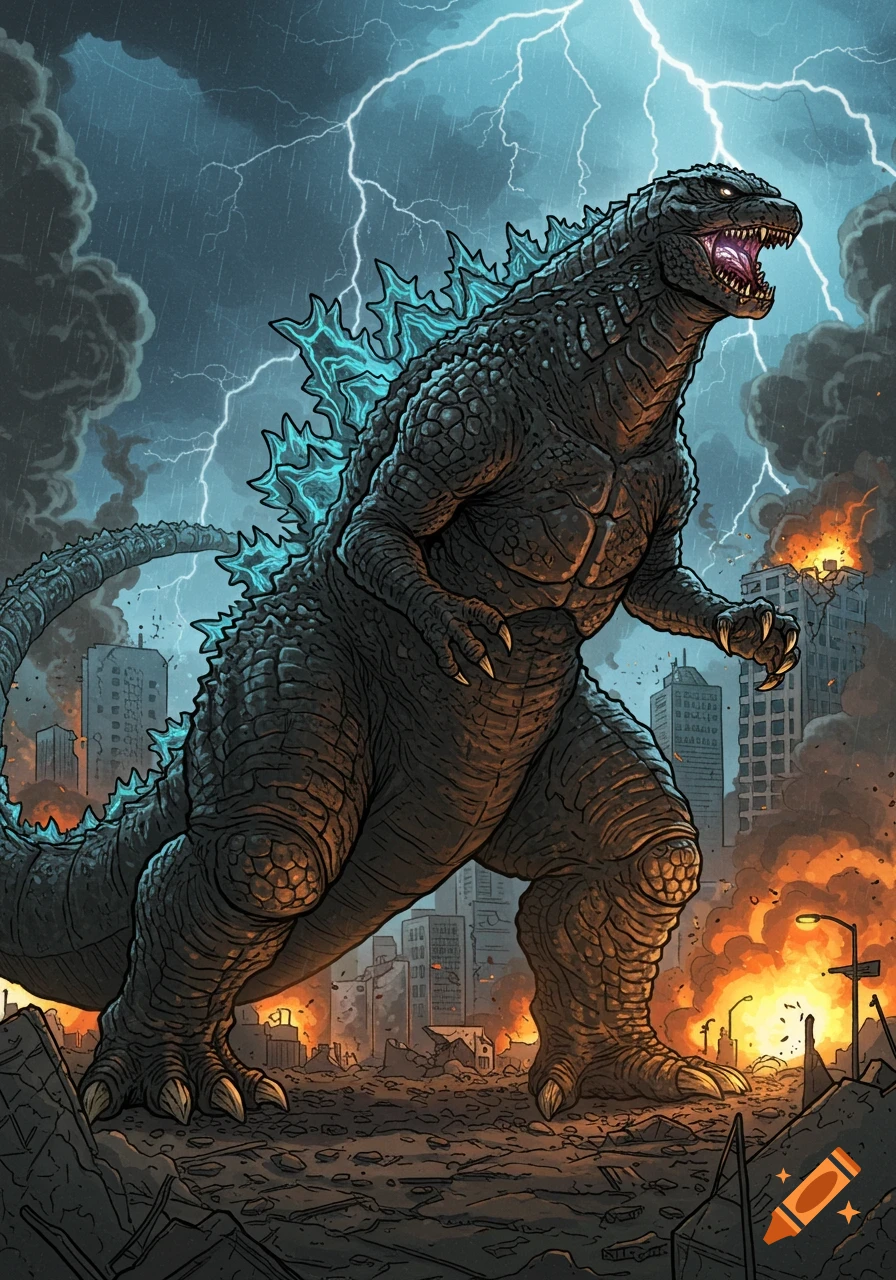Godzilla roars in a destroyed city under lightning, comic art style.