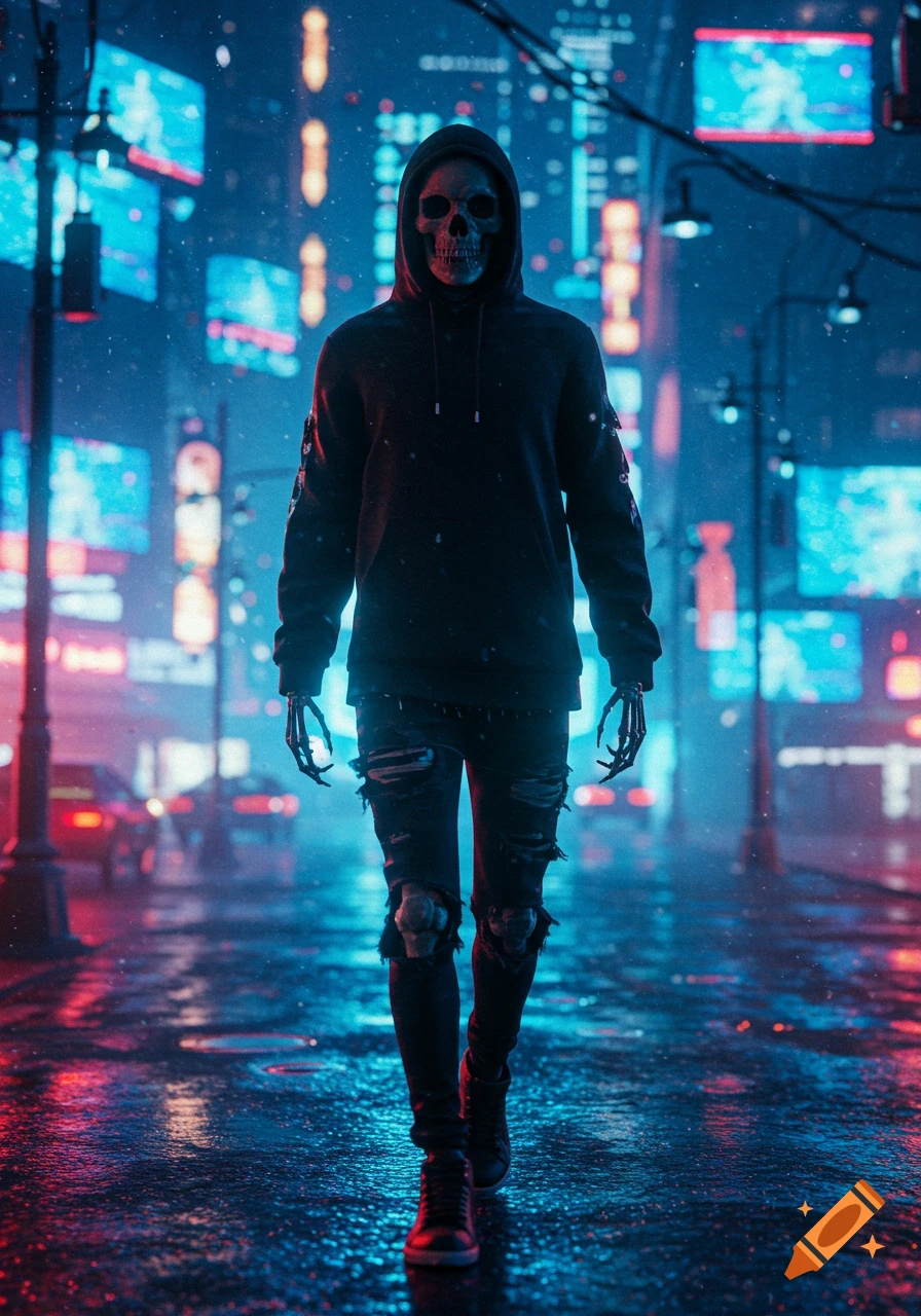 Skeleton in hoodie and jeans walks down a rainy cyberpunk street with neon lights.