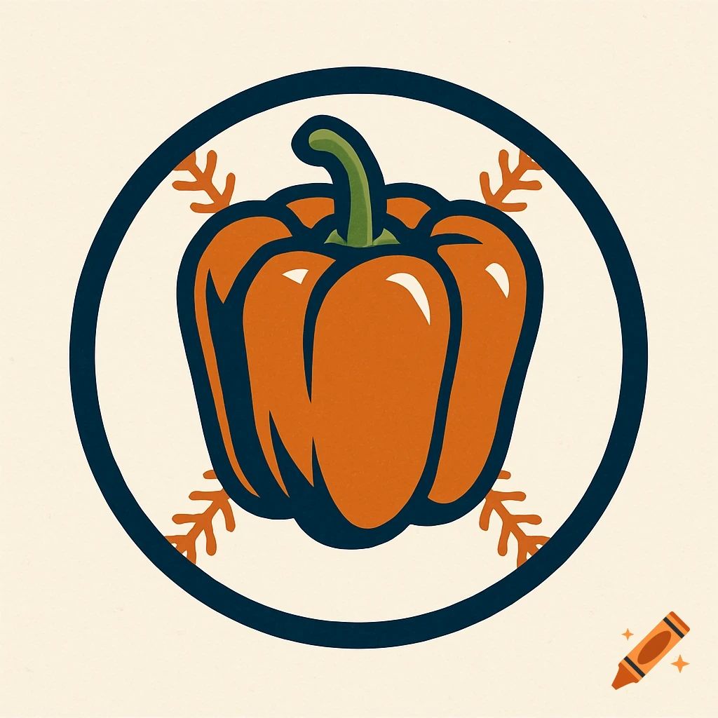 Illustration of an orange bell pepper inside a blue circle resembling a baseball logo with leaves acting as seams.