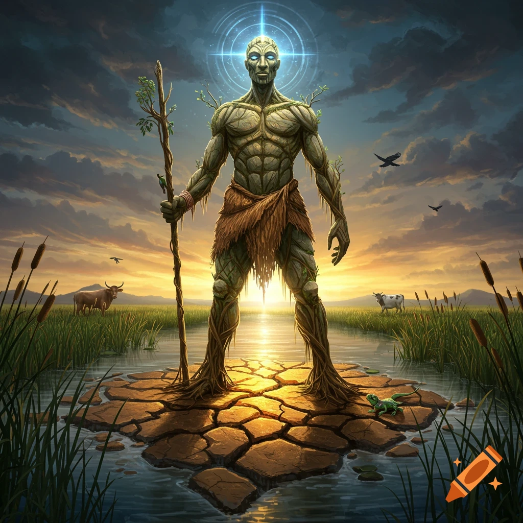 A tall, root-like figure with glowing eyes stands in a marsh at sunset.