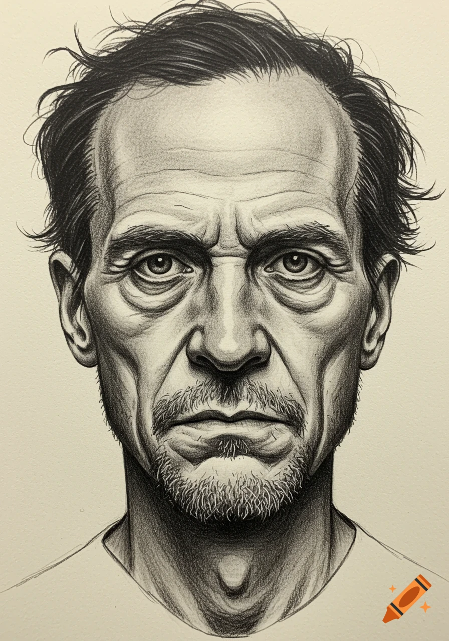 Pencil sketch close-up of a man's face with messy hair, mustache, and goatee.