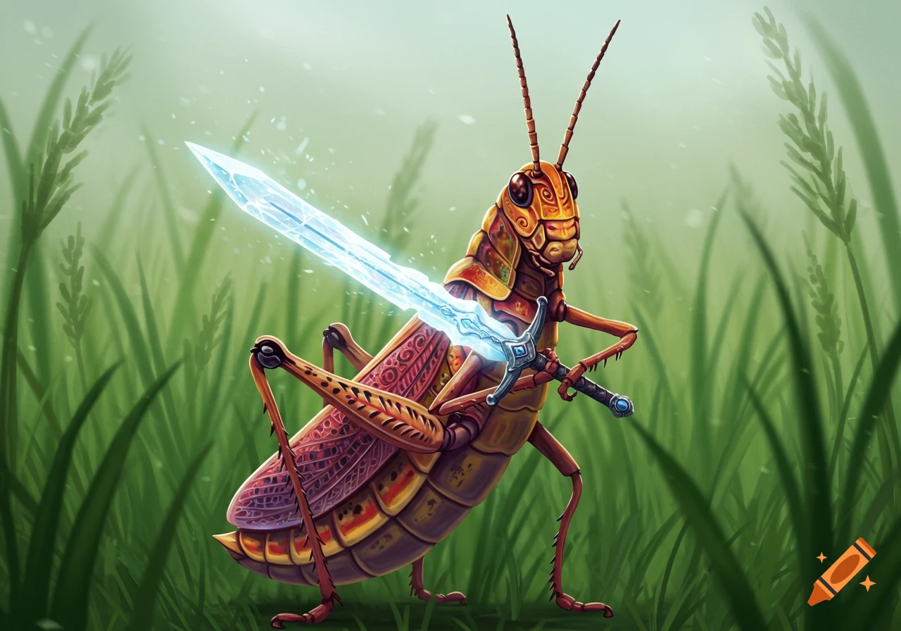 A grasshopper stands in tall grass holding a glowing sword.