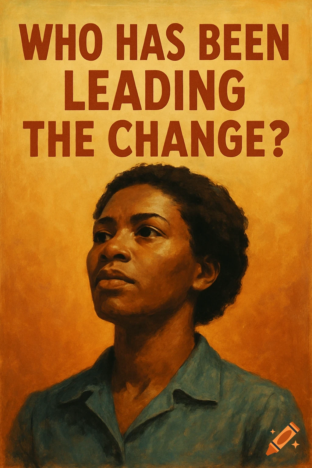 Poster of a woman looking up, with the text 'WHO HAS BEEN LEADING THE CHANGE?'
