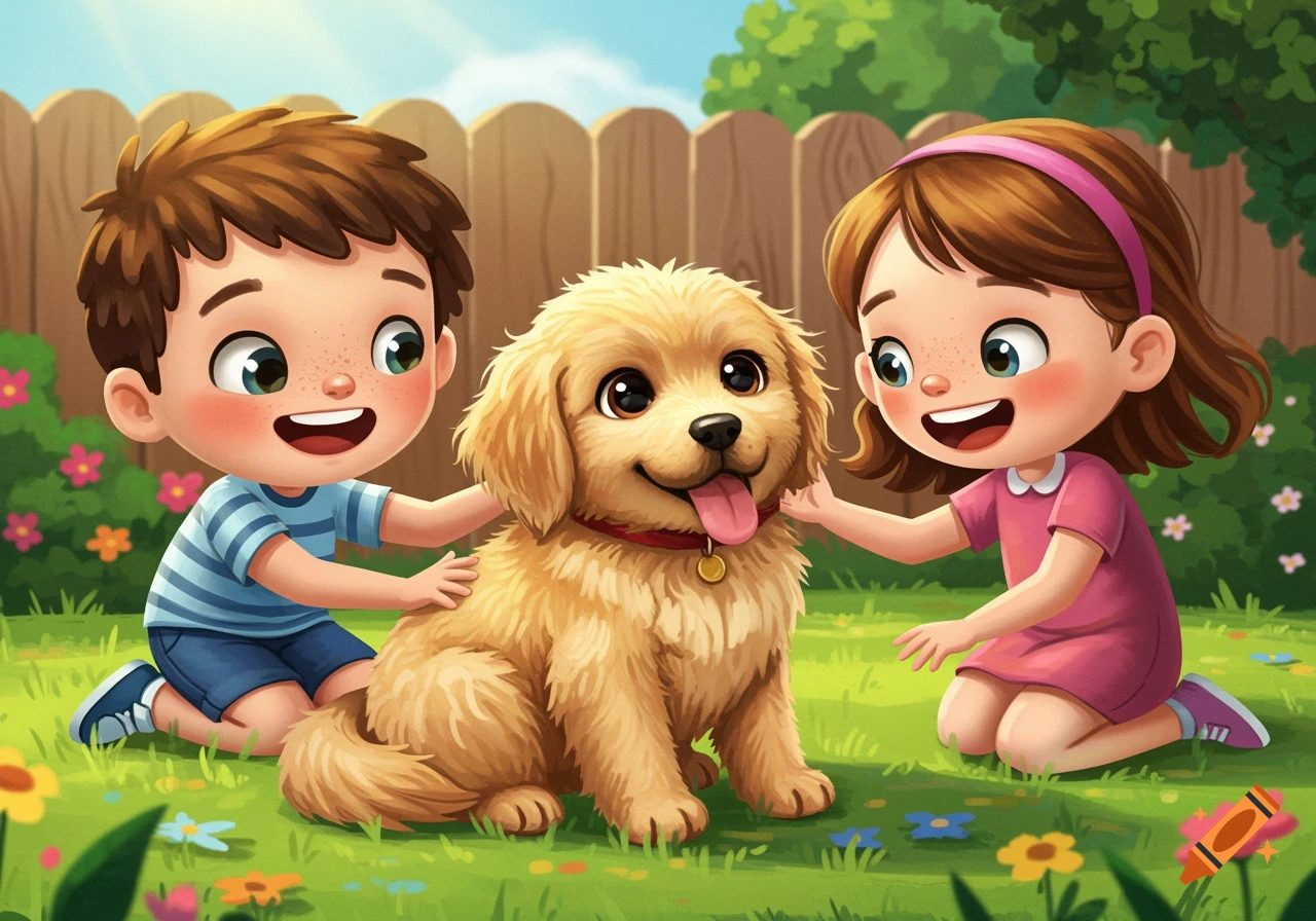 Cartoon children petting a golden retriever puppy in a sunny backyard with flowers.