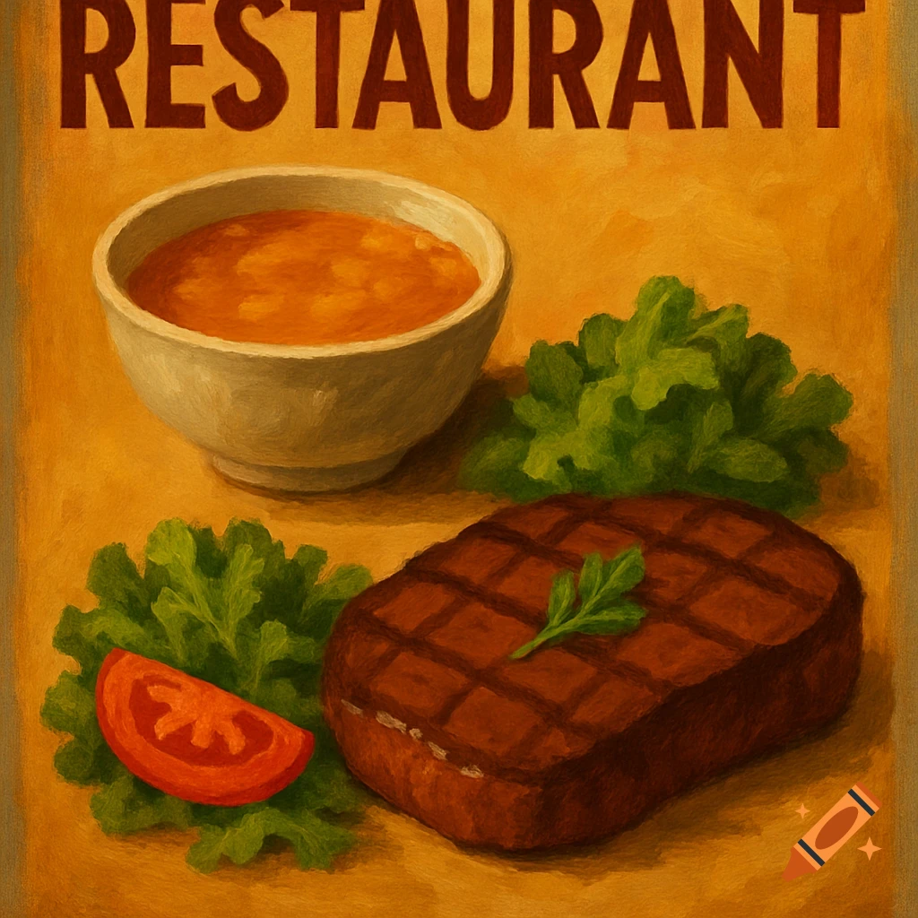 A restaurant poster showing a steak, salad, and soup