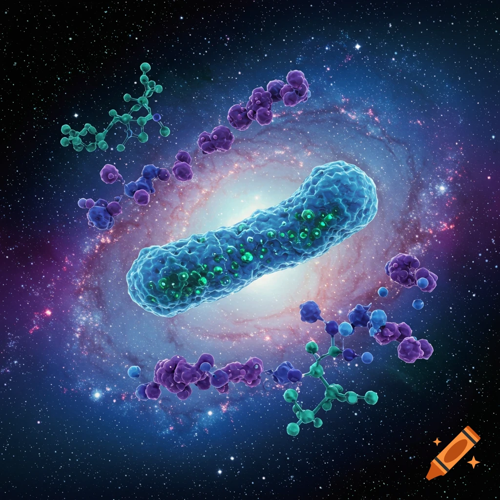 Large blue microbe-like structure and molecules floating in space with a spiral galaxy.