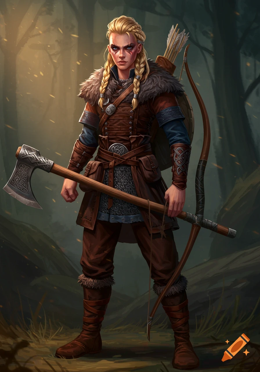 A young woman in viking attire holding a great axe in a forest, with a bow and quiver on her back.