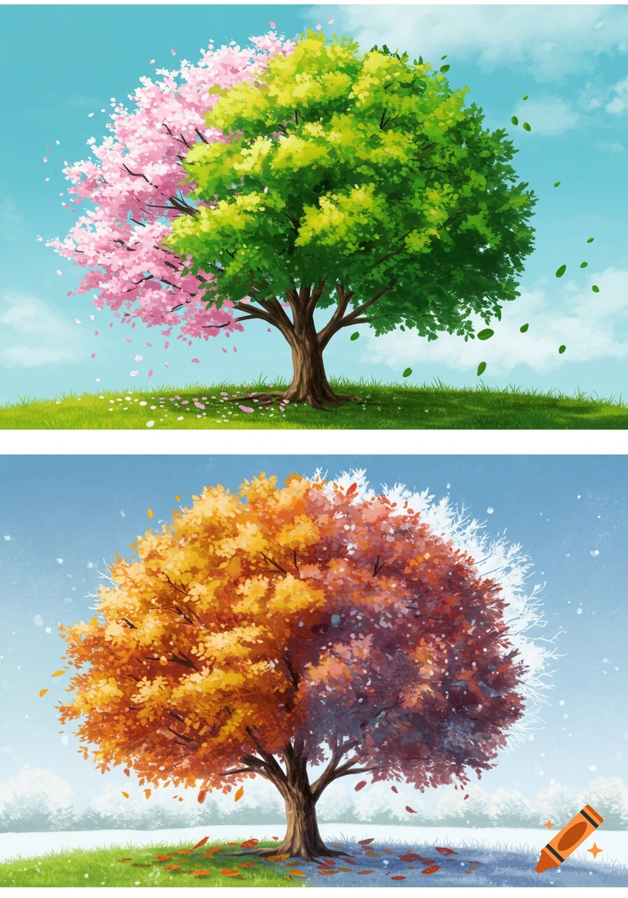 A tree depicted in different seasons. Top shows spring (pink blossoms) and summer (green leaves). Bottom shows autumn (orange/red leaves) and winter (snow).