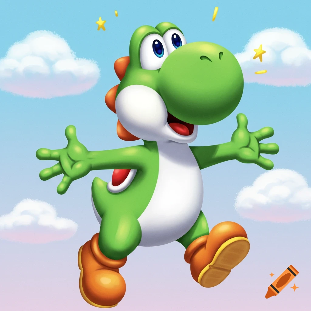 Yoshi is depicted mid-air in a cloudy sky filled with stars.