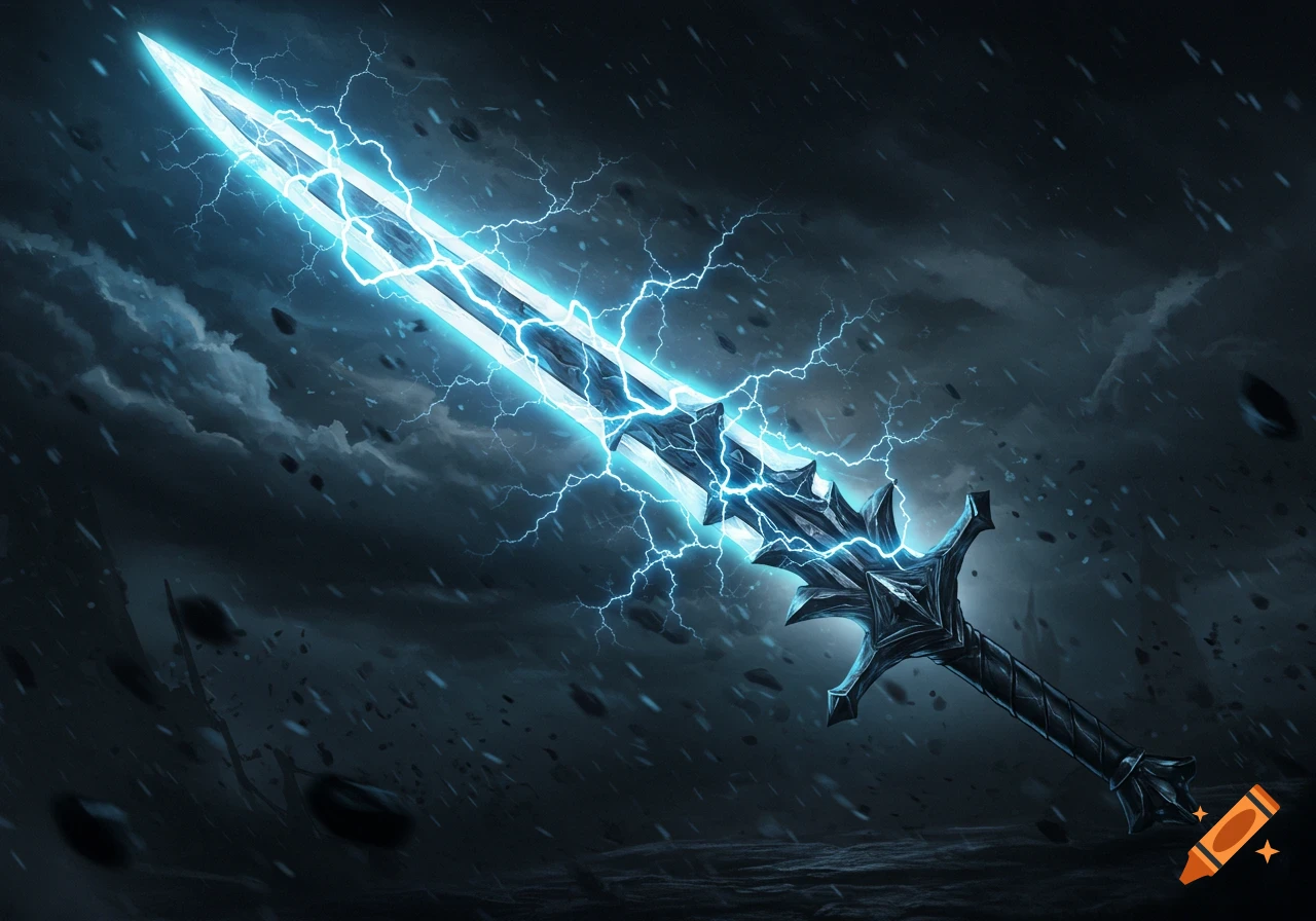 A lightning sword in a dark, stormy sky with debris.