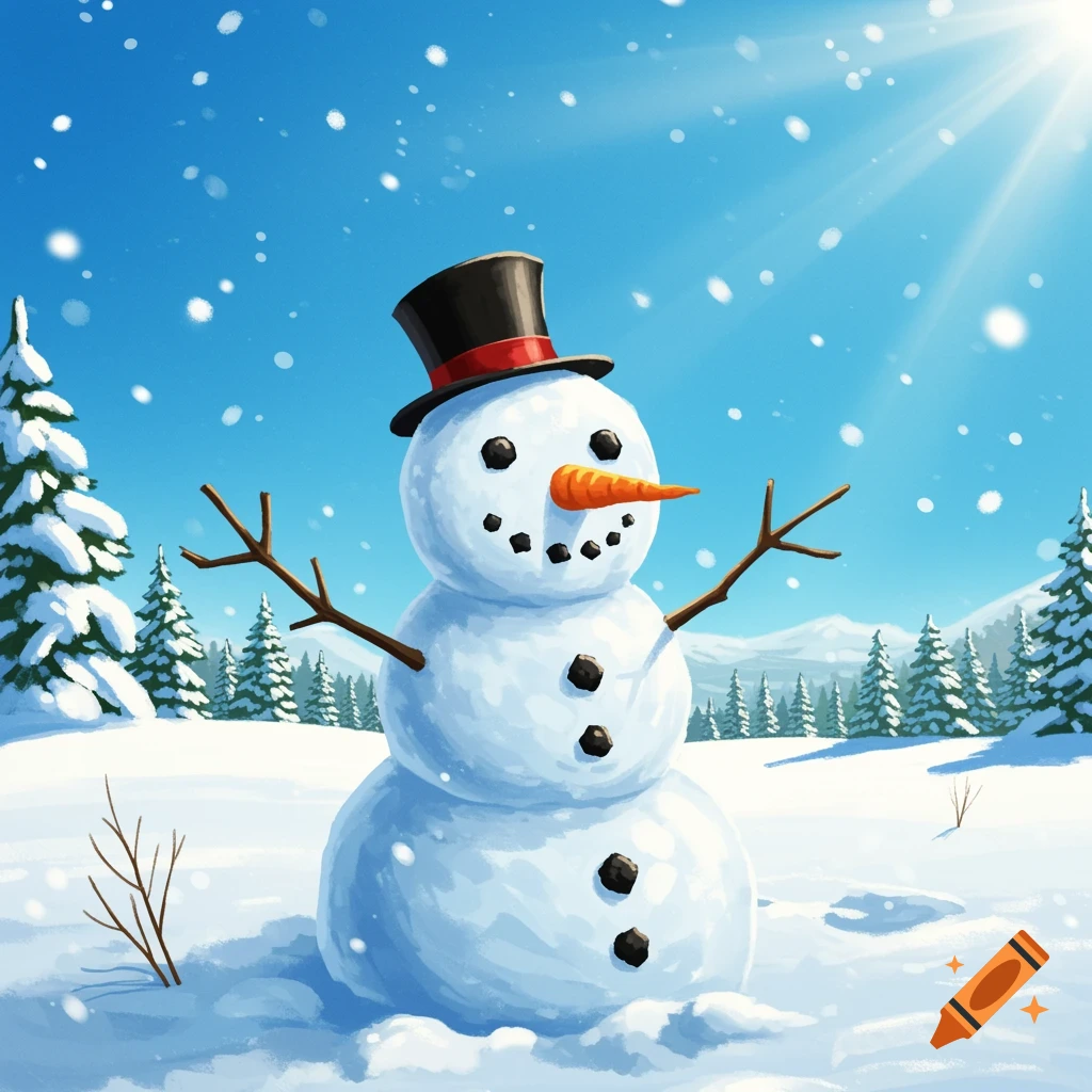 A cheerful snowman with a carrot nose and twig arms stands in a snowy field under a blue sky.