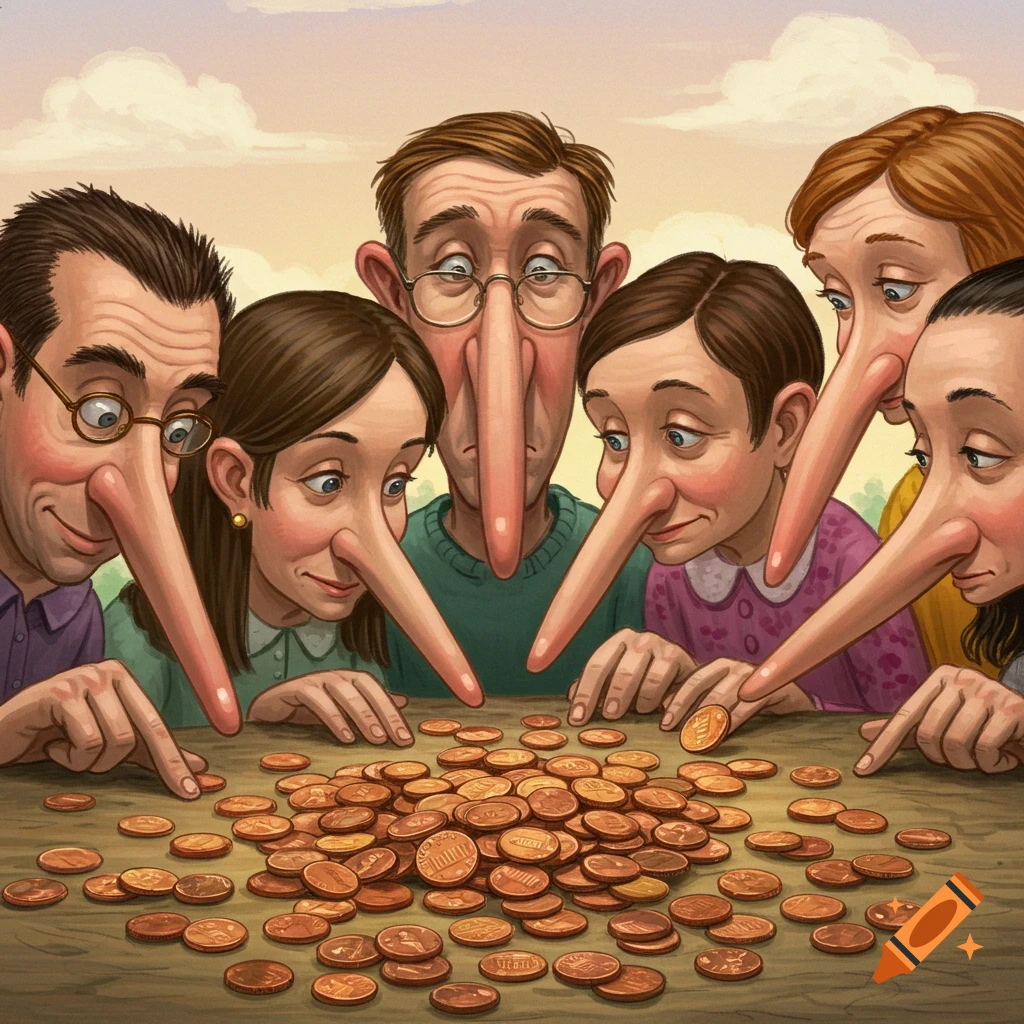 Illustration of people with long noses looking at a pile of pennies.