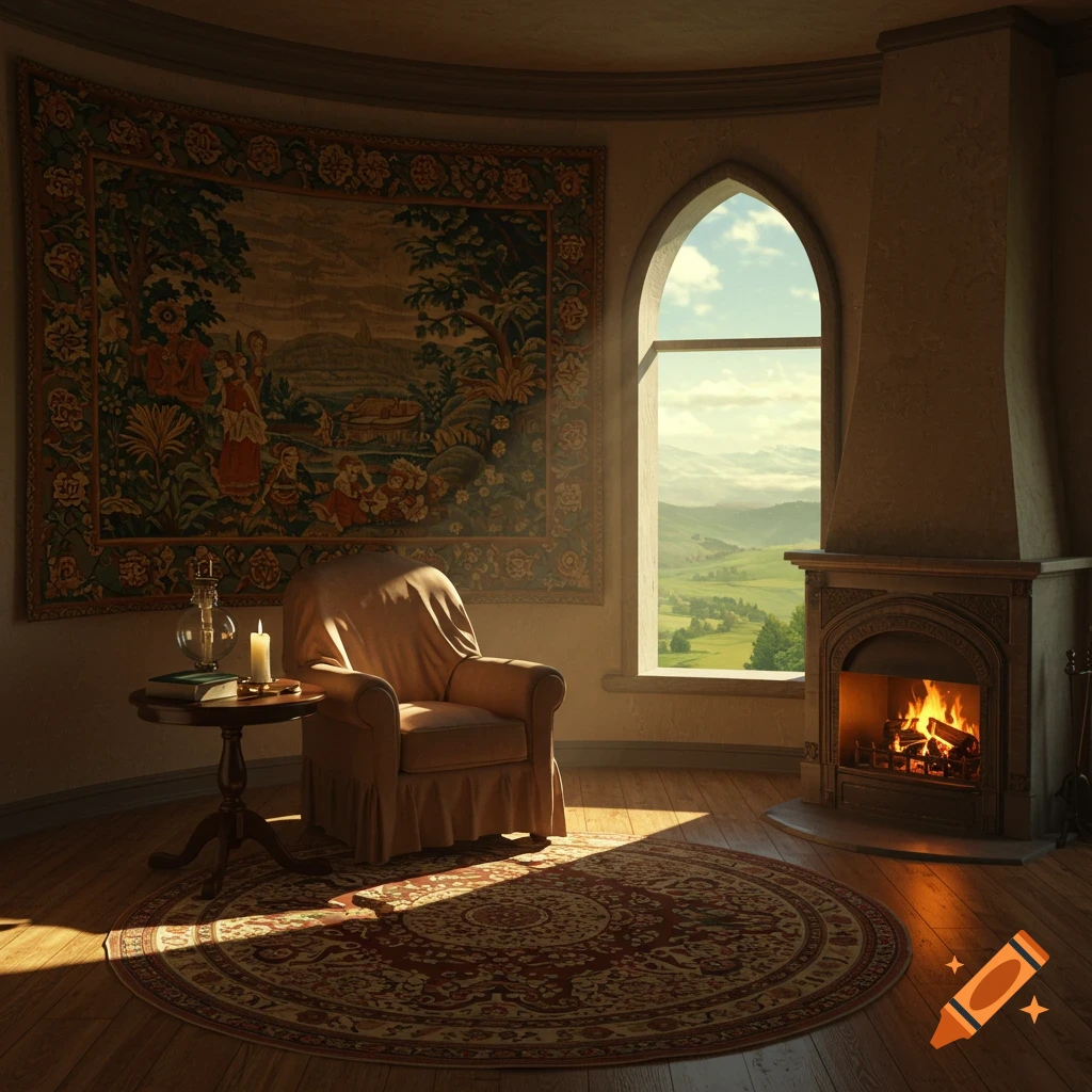 Cozy round room interior with fireplace, armchair, tapestry, and large window view of mountains and sky.