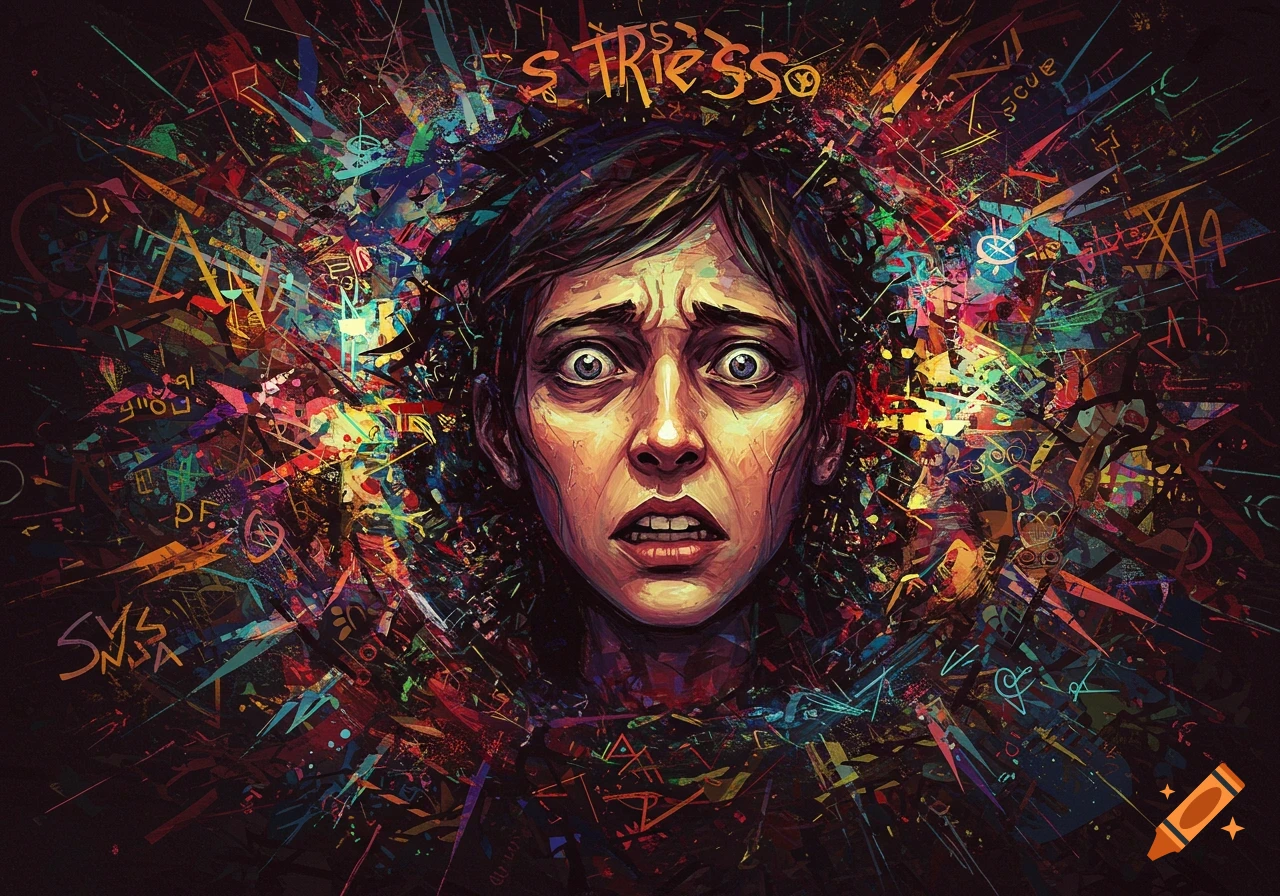 A stressed face is surrounded by chaotic colorful lines and symbols.