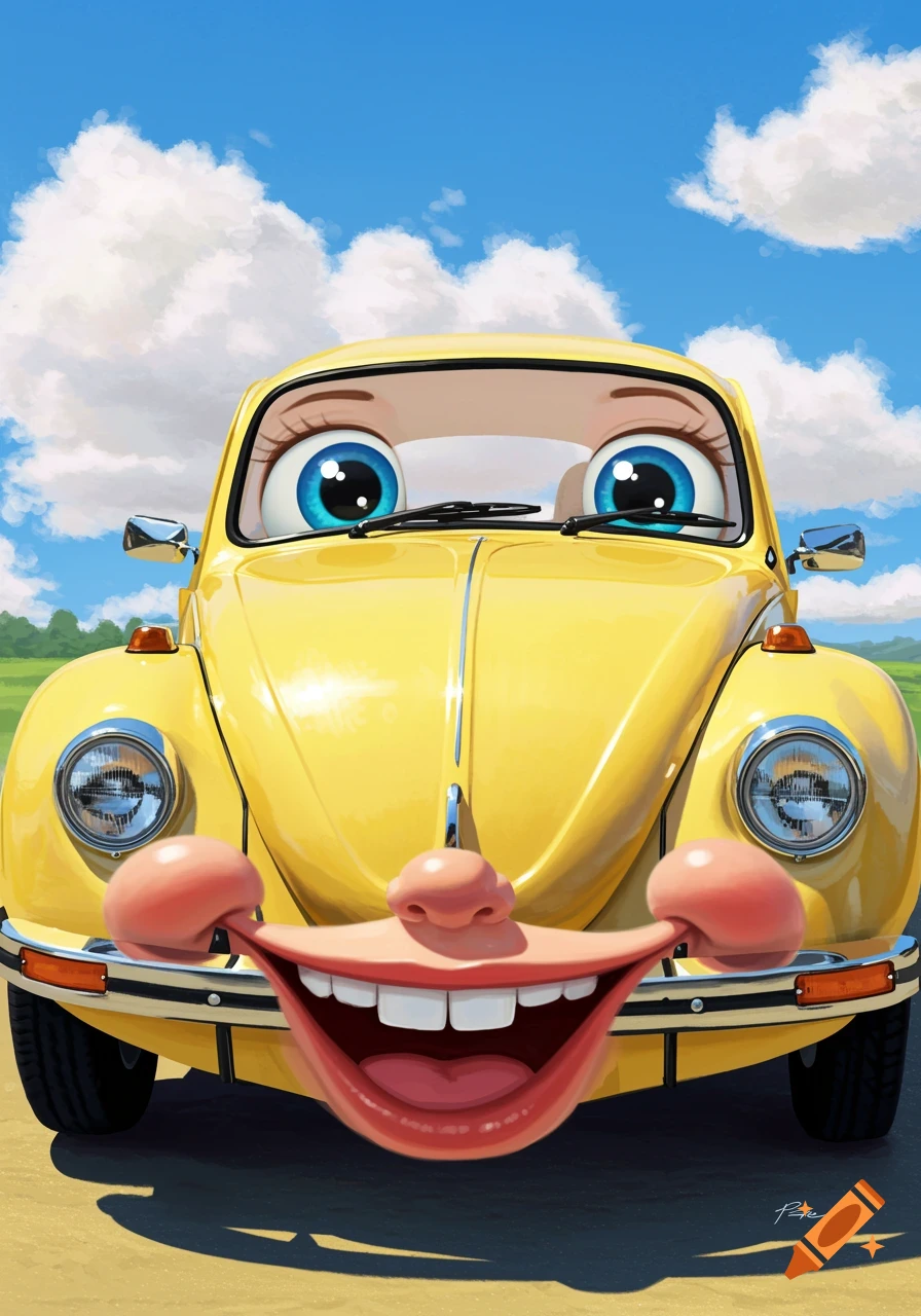 Yellow Volkswagen Beetle with large cartoon eyes, nose, and wide grin on the front, under a blue sky with clouds.