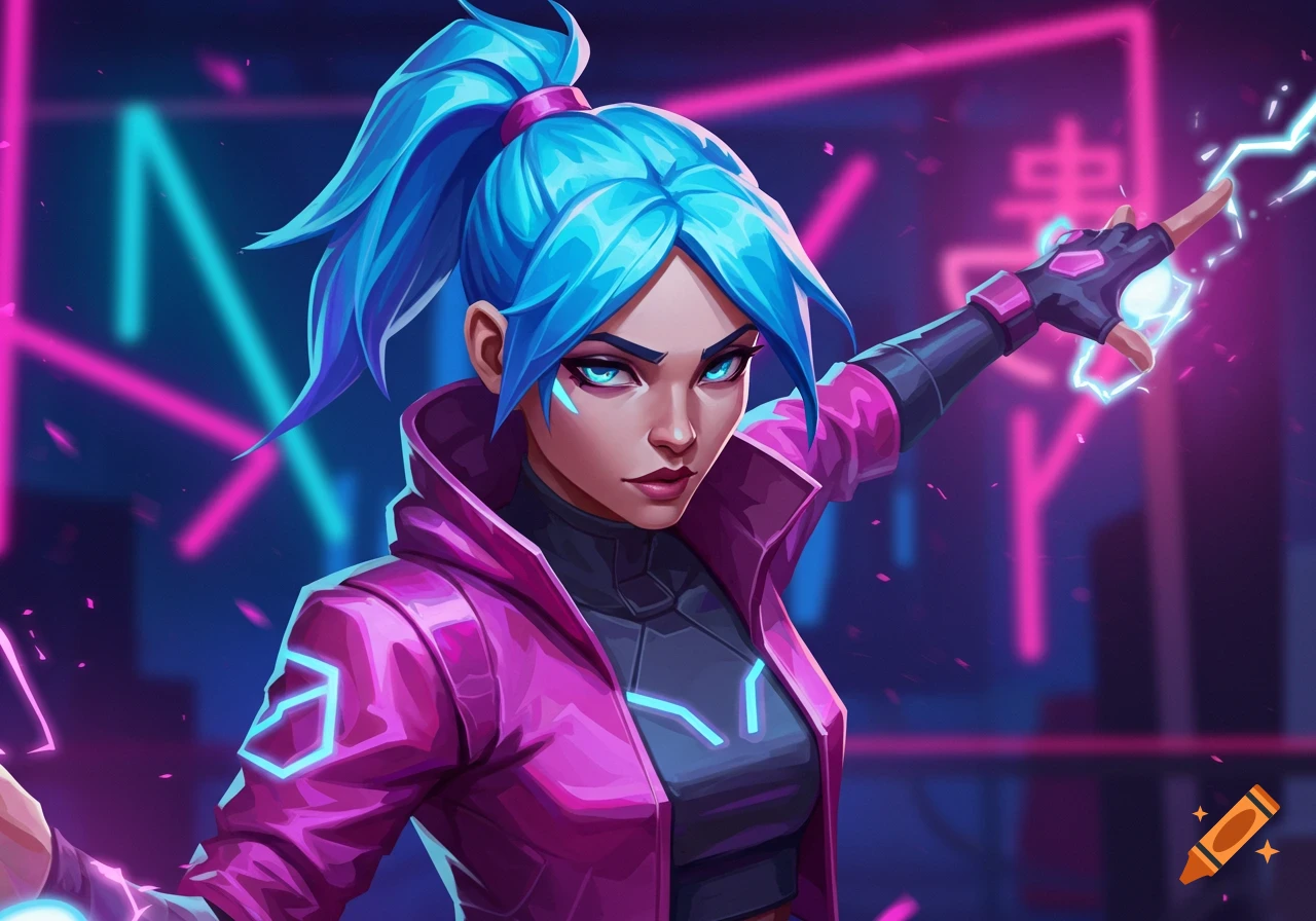 A blue-haired character in a pink jacket surrounded by neon lights.