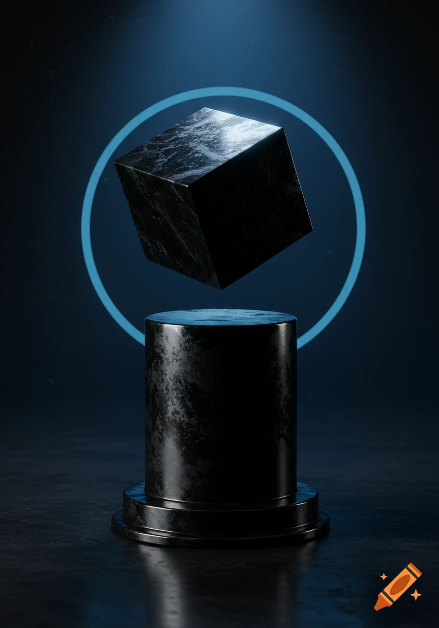 A black obsidian cube floats above a black obsidian pedestal with a faint blue ring in the background. 3D render.