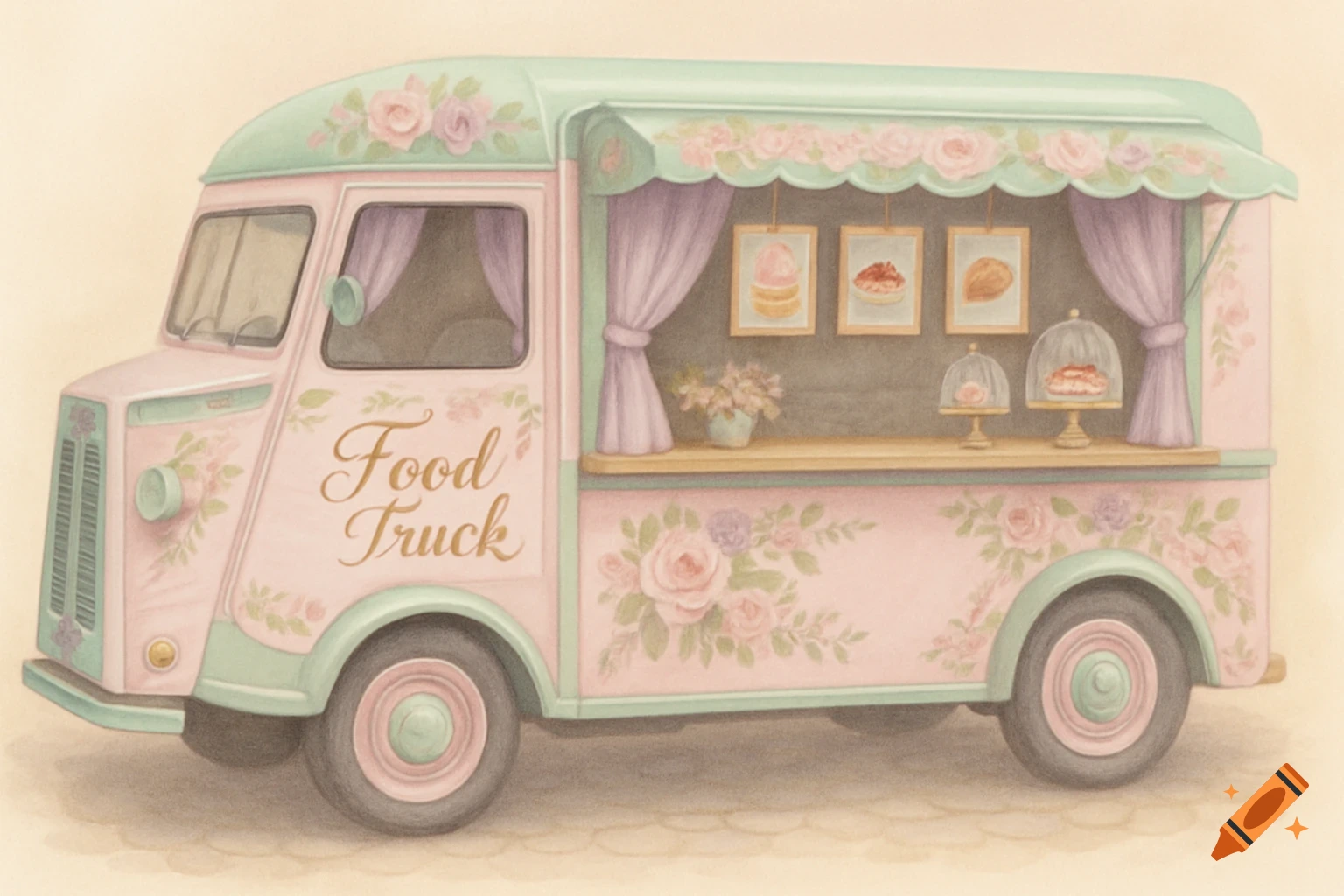 A pastel pink food truck decorated with flowers and showing pastries for sale.
