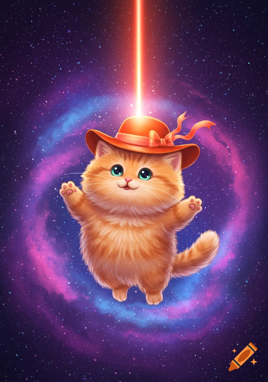 A cute orange cat wearing a hat floats in space under a red laser beam