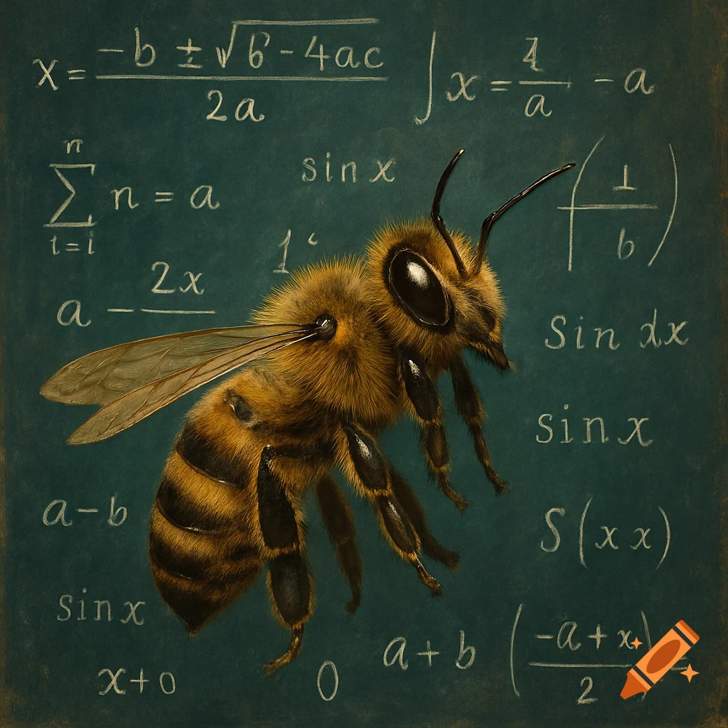 A bee in front of a chalkboard covered in mathematical equations.