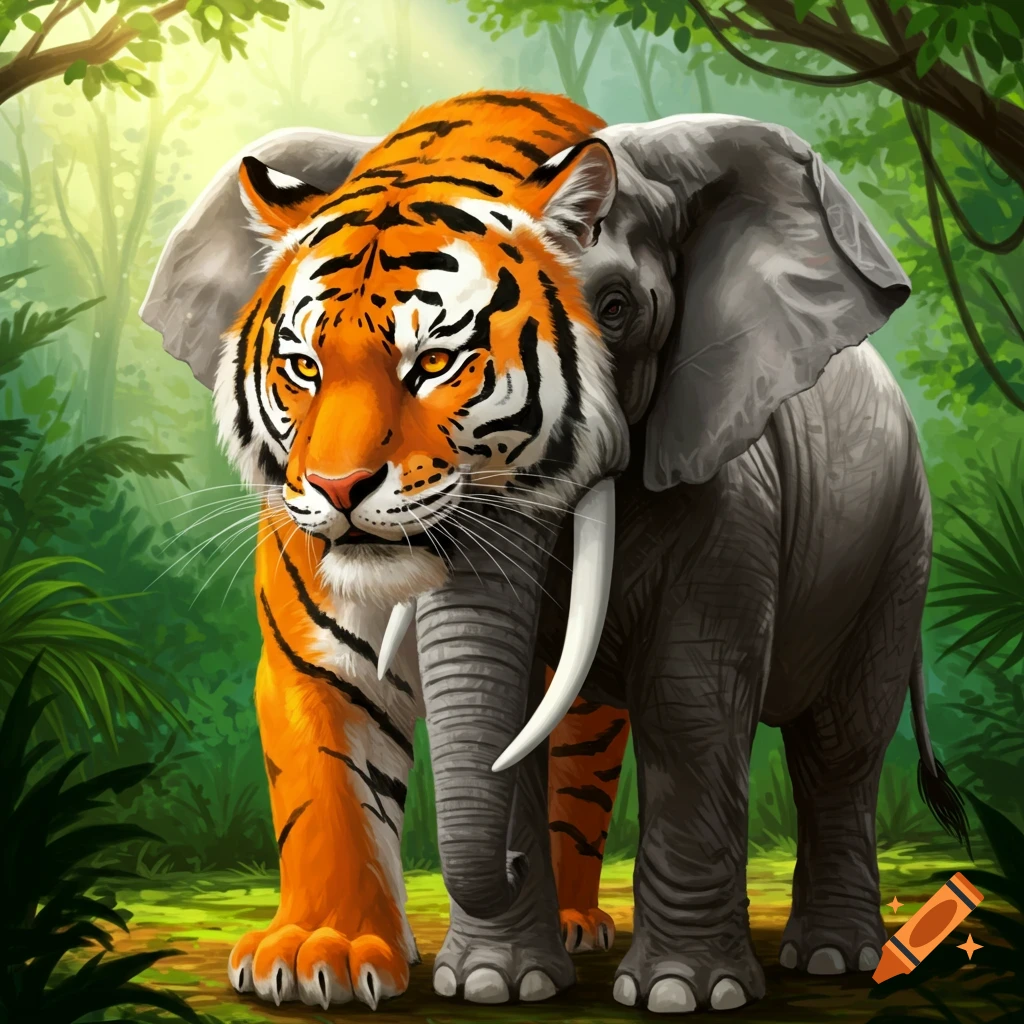 A hybrid tiger-elephant creature walking in a jungle.
