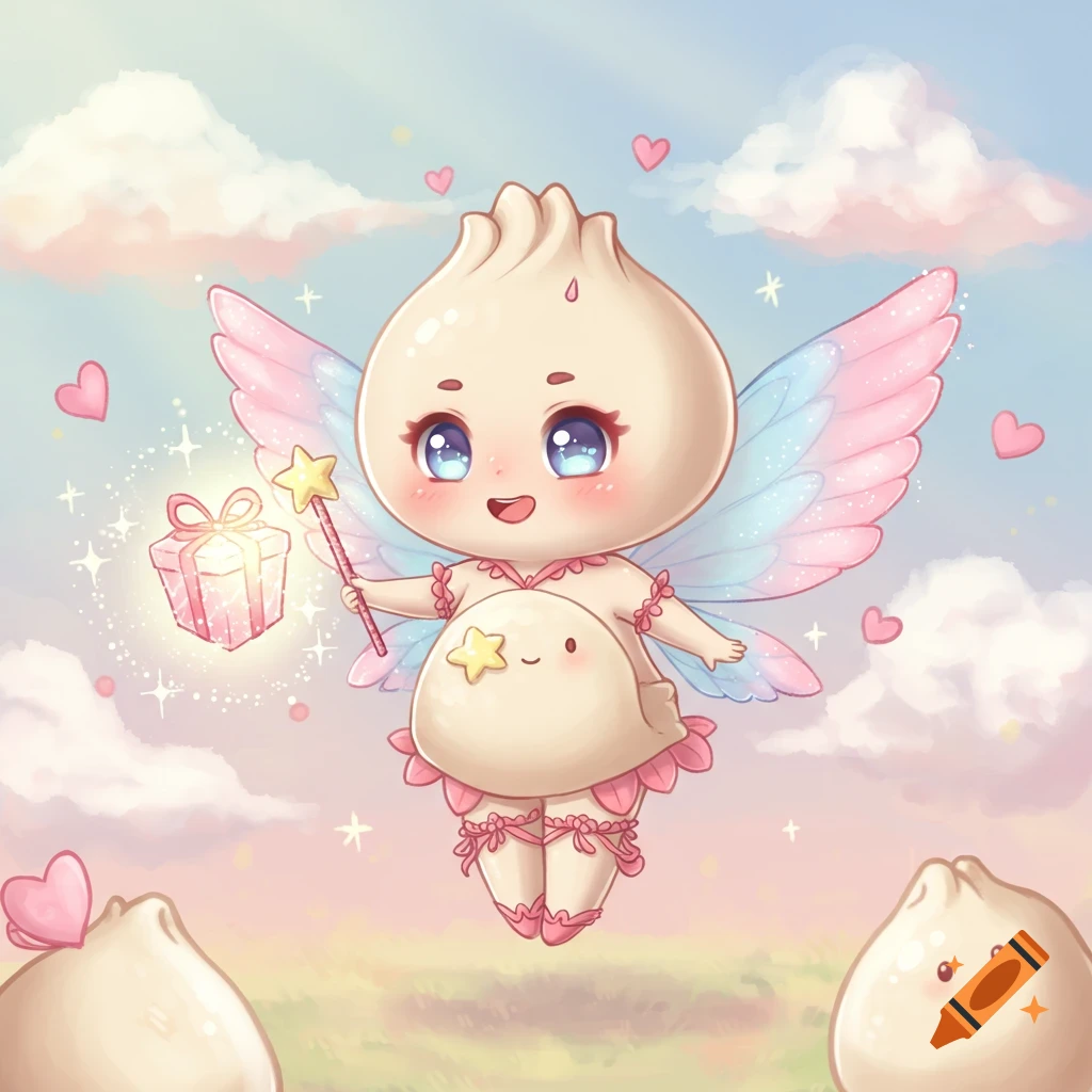 A chibi dumpling fairy with pastel wings holds a magic wand, conjuring a gift.