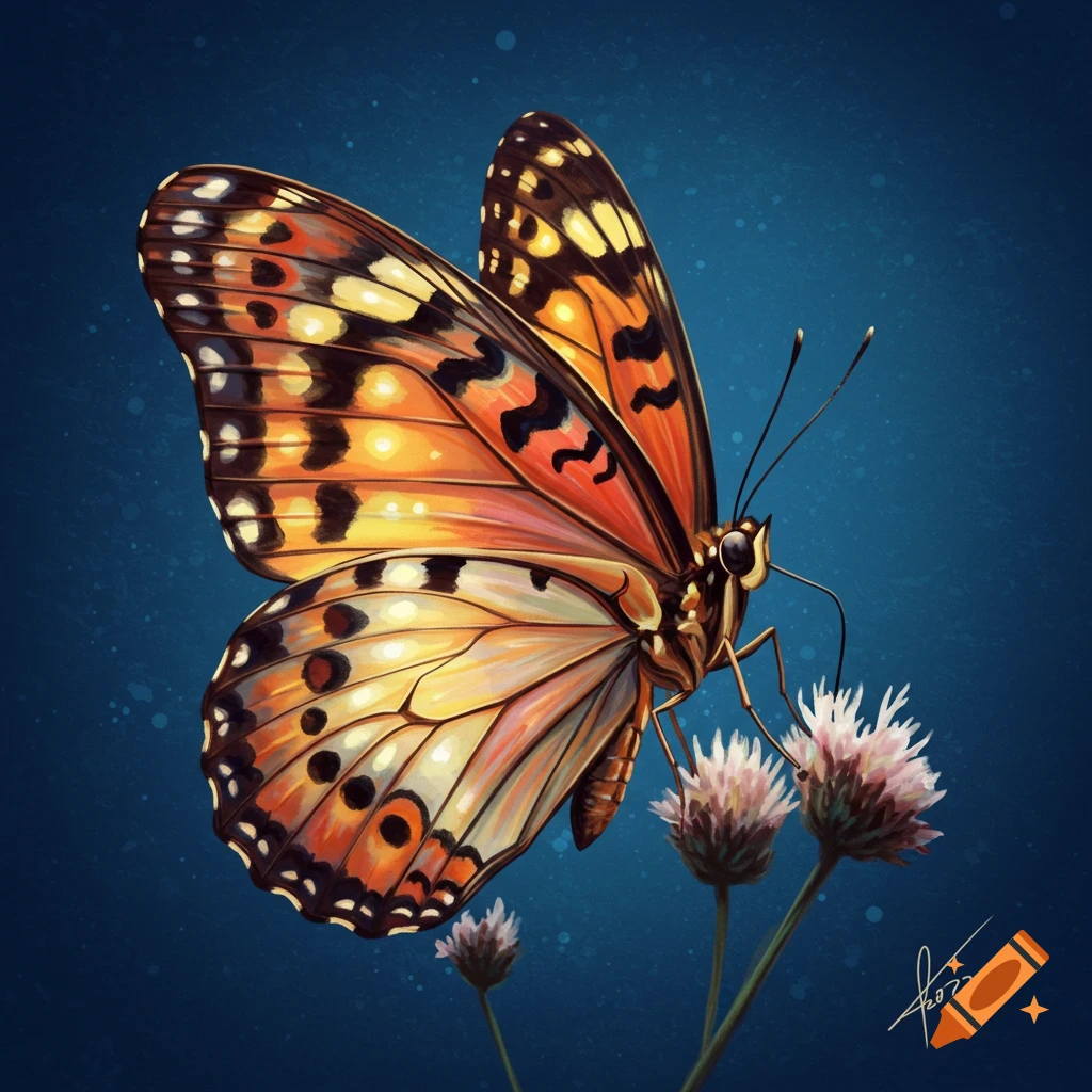 An orange and black butterfly resting on pink flowers.