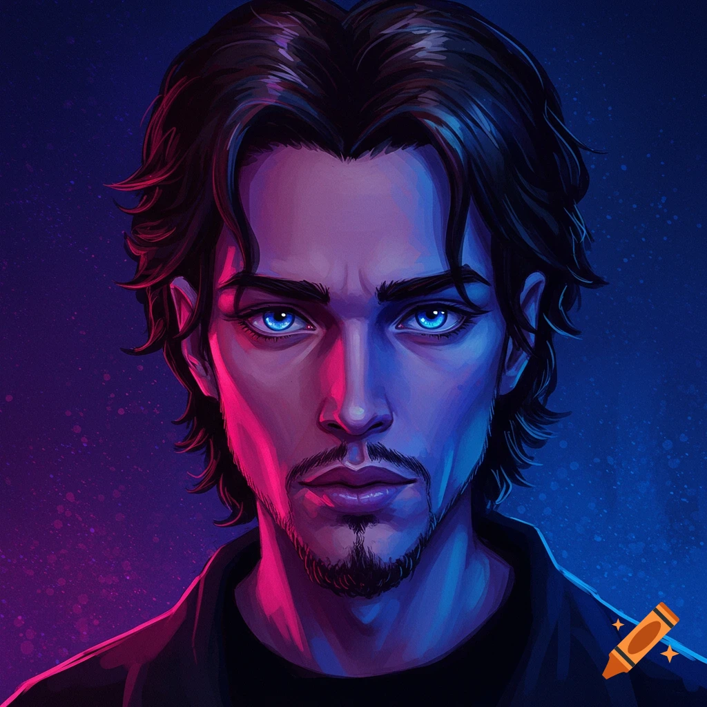 Portrait of a man with dark hair and bright blue eyes, illuminated by contrasting pink and blue light.