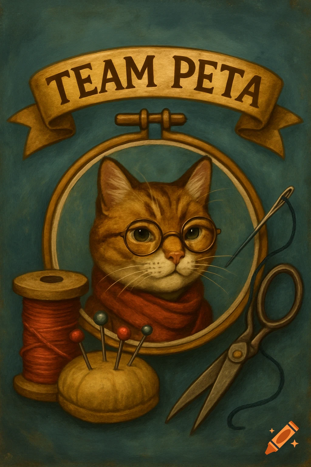 A cat in glasses and a scarf is positioned within an embroidery hoop, surrounded by sewing supplies and a banner that says "TEAM PETA".