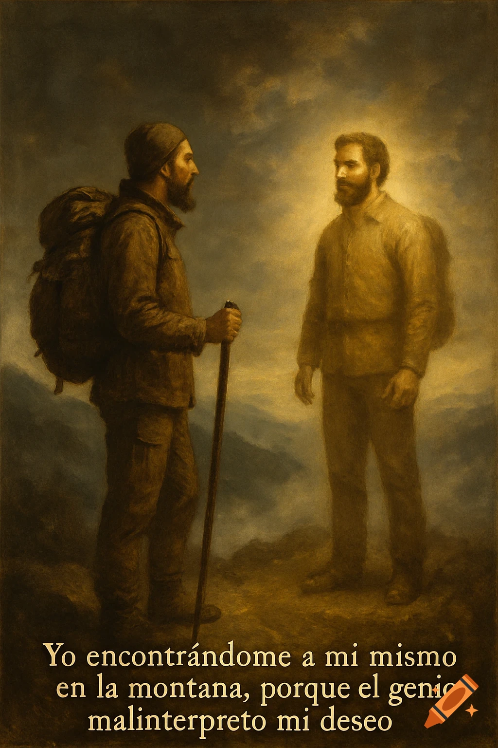 A classical painting of a hiker meeting a glowing version of himself on a misty mountain.
