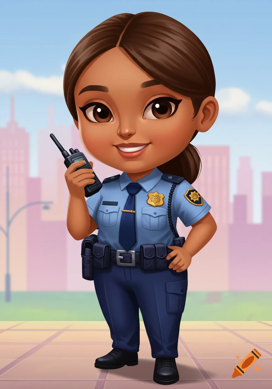 A cute cartoon female police officer holding a radio.
