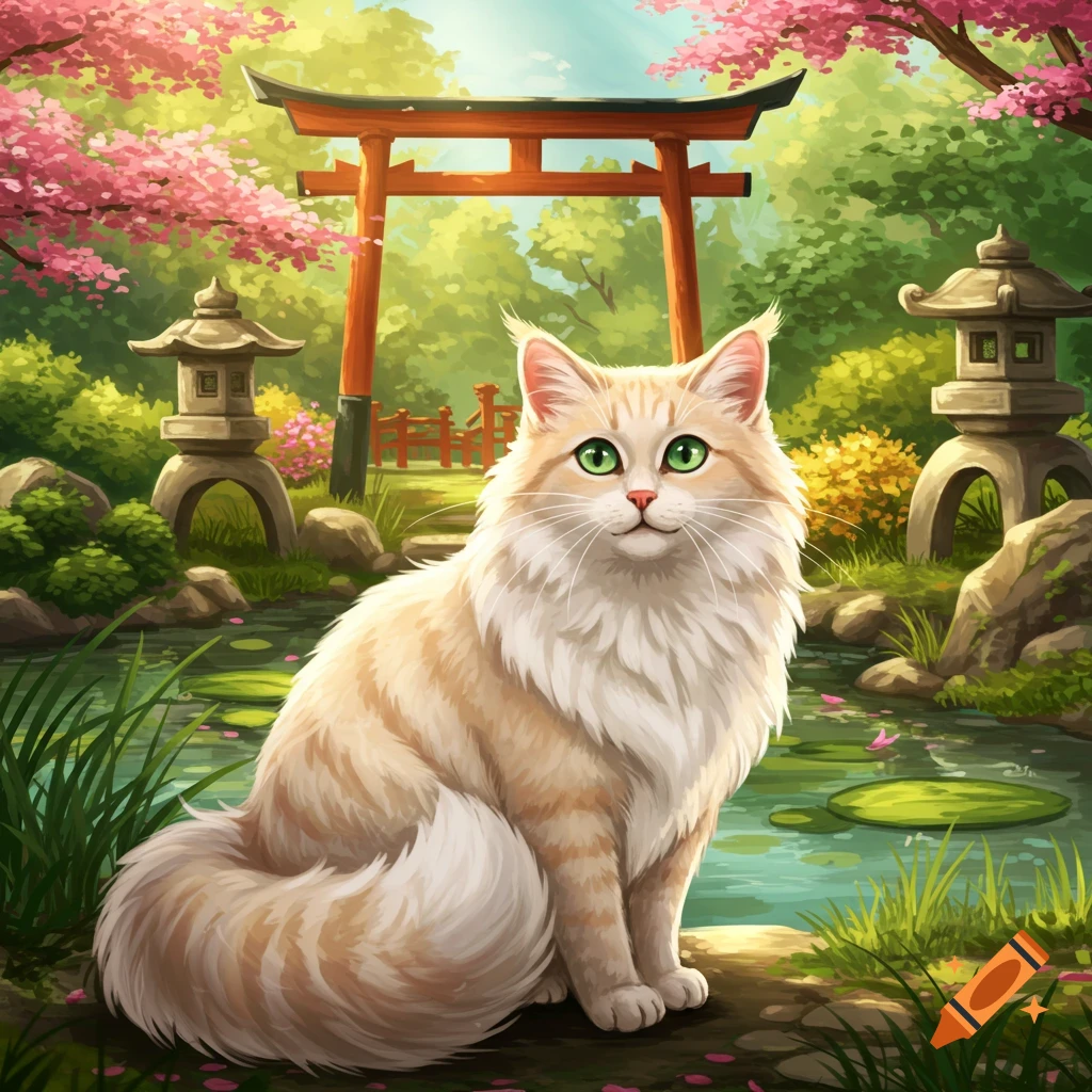 A fluffy orange cat sits in a vibrant Japanese garden with a torii gate, pond, and cherry blossoms.