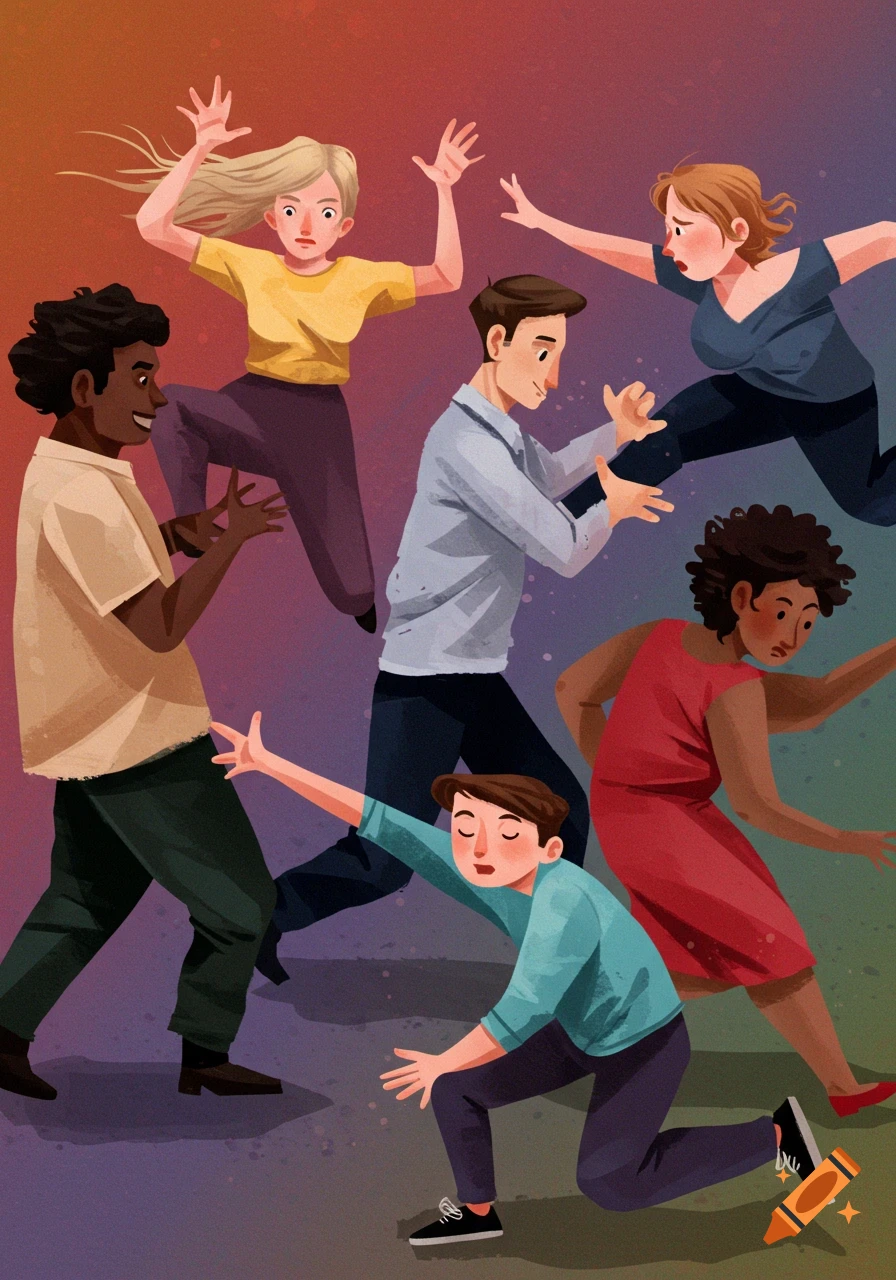 Image of diverse people in dynamic poses, appearing to imitate each other.