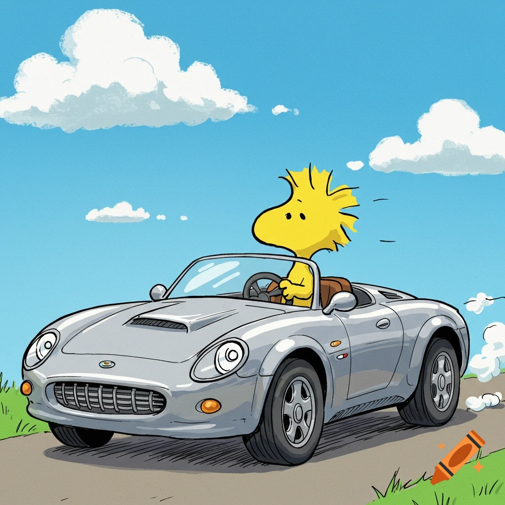 Woodstock from Peanuts drives a silver sports car on a road in a cartoon style.