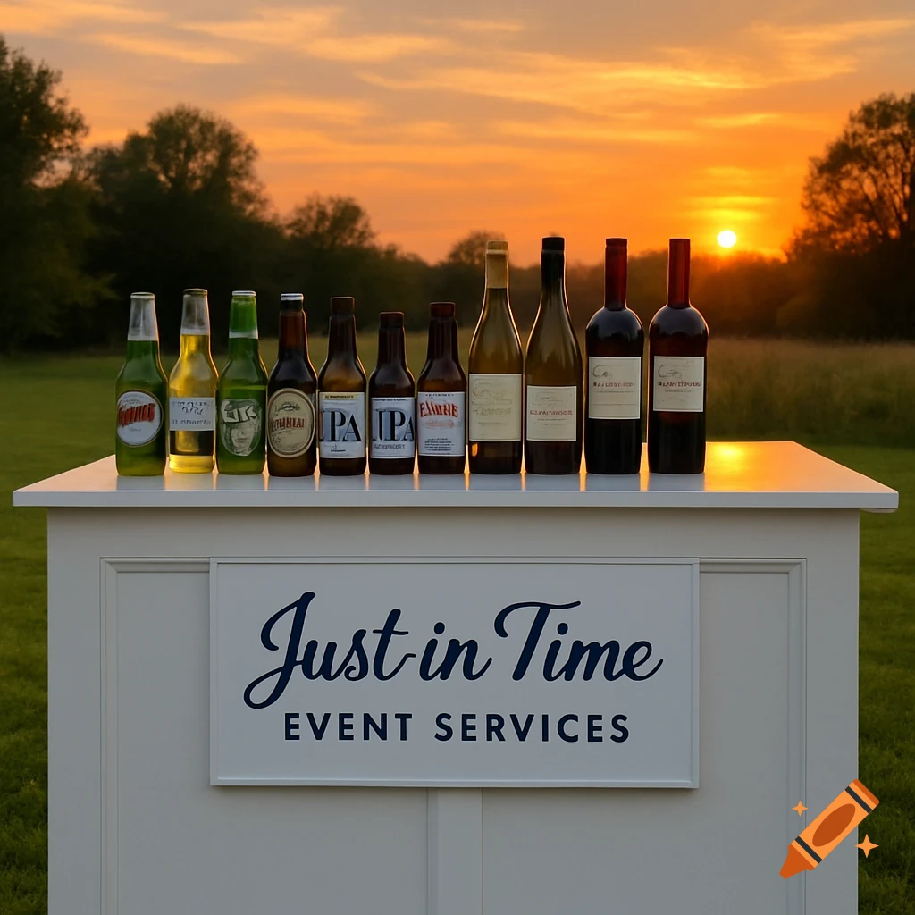 Bottles of beer and wine on an outdoor bar during sunset.