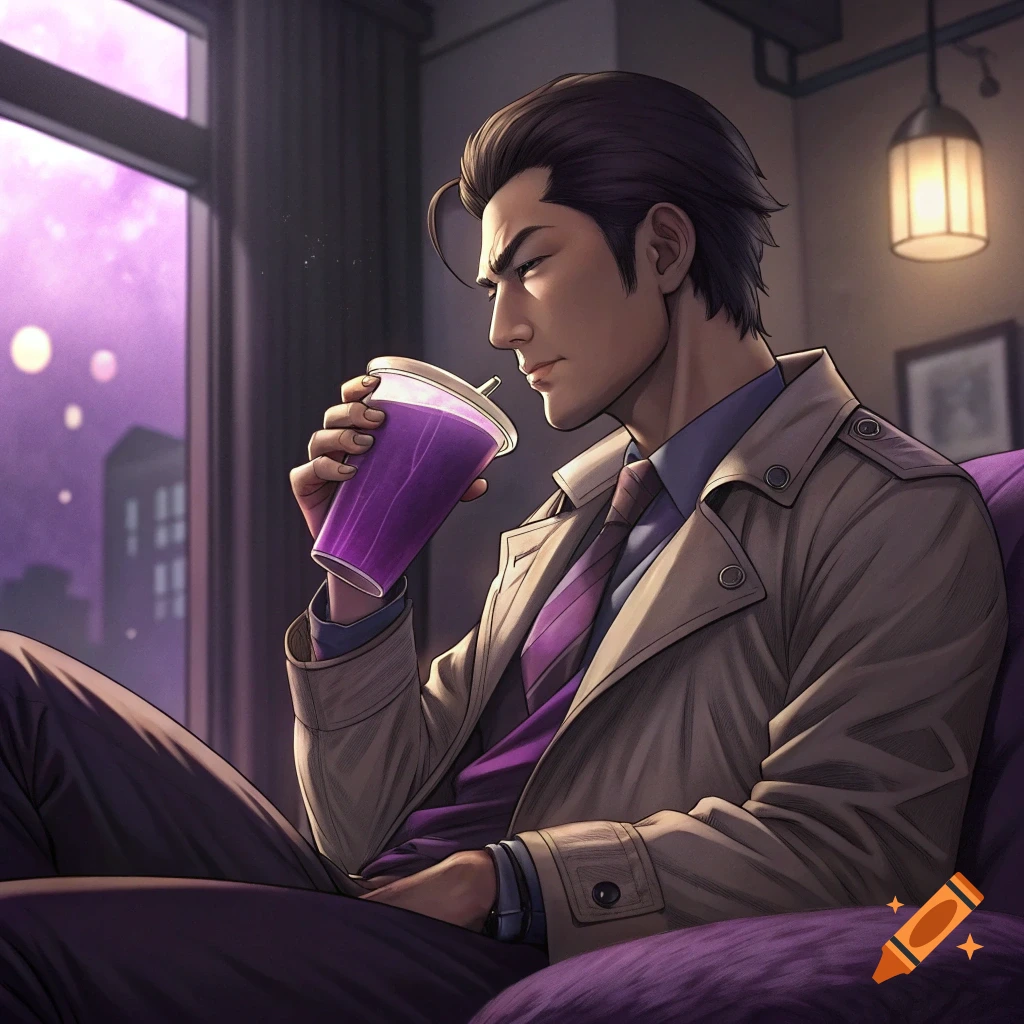 Anime man in a trench coat sits by a window at night, drinking a purple beverage from a plastic cup.