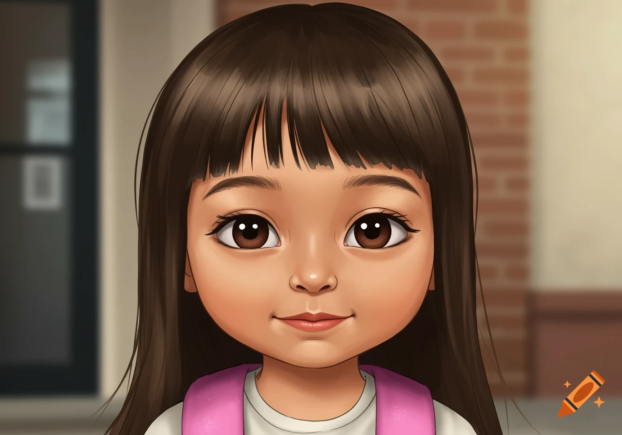 Cartoon portrait of a young girl with brown hair and bangs, wearing a pink backpack, standing outside near a brick building.