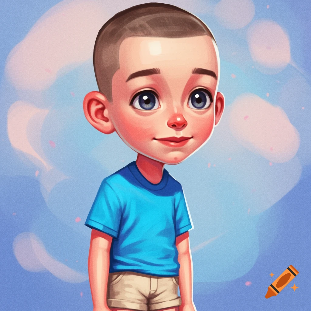 Cartoonish young boy with a buzz cut, wearing a blue t-shirt and beige shorts against a soft blue background.